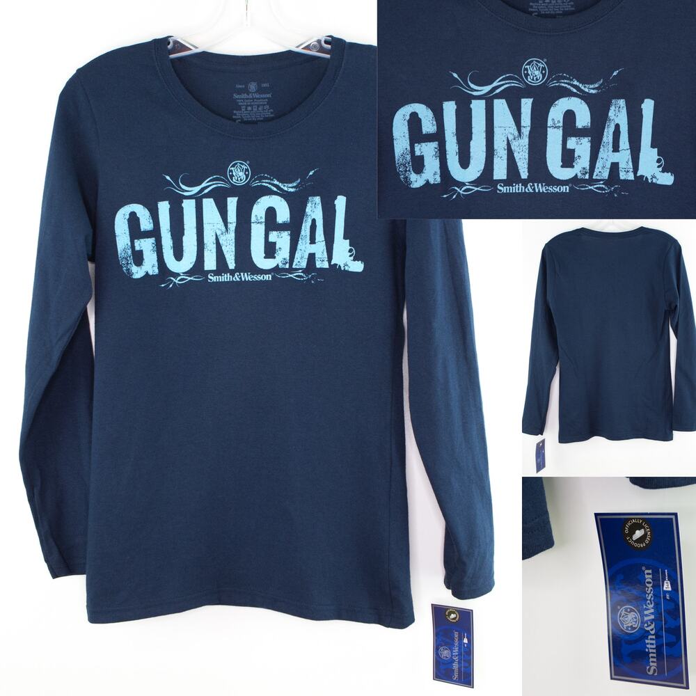 New SMITH & WESSON Women's Long Sleeve T-shirt SMALL Gun Gal Blue Pistol Tee
